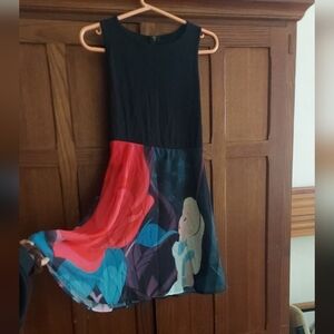 Alice In Wonderland Y2k Chiffon Print High Neck Dress Sleeveless Blue Floral